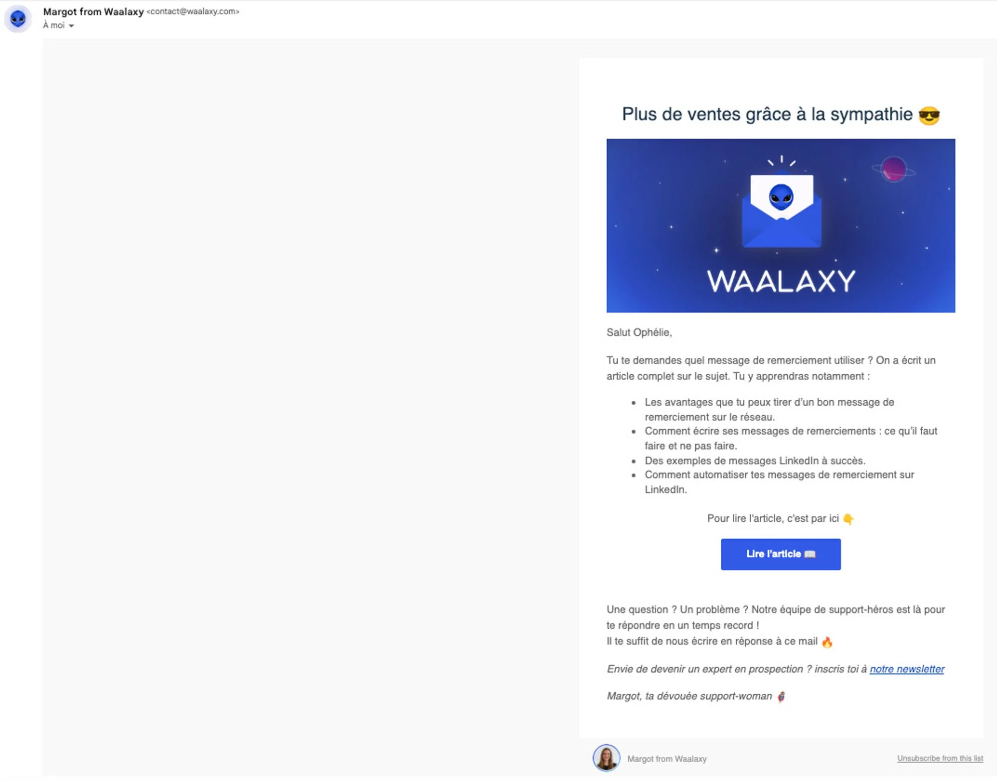 Email promotionnel Waalaxy, fond bleu, logo blanc, texte en français, bouton "Lire l'article".