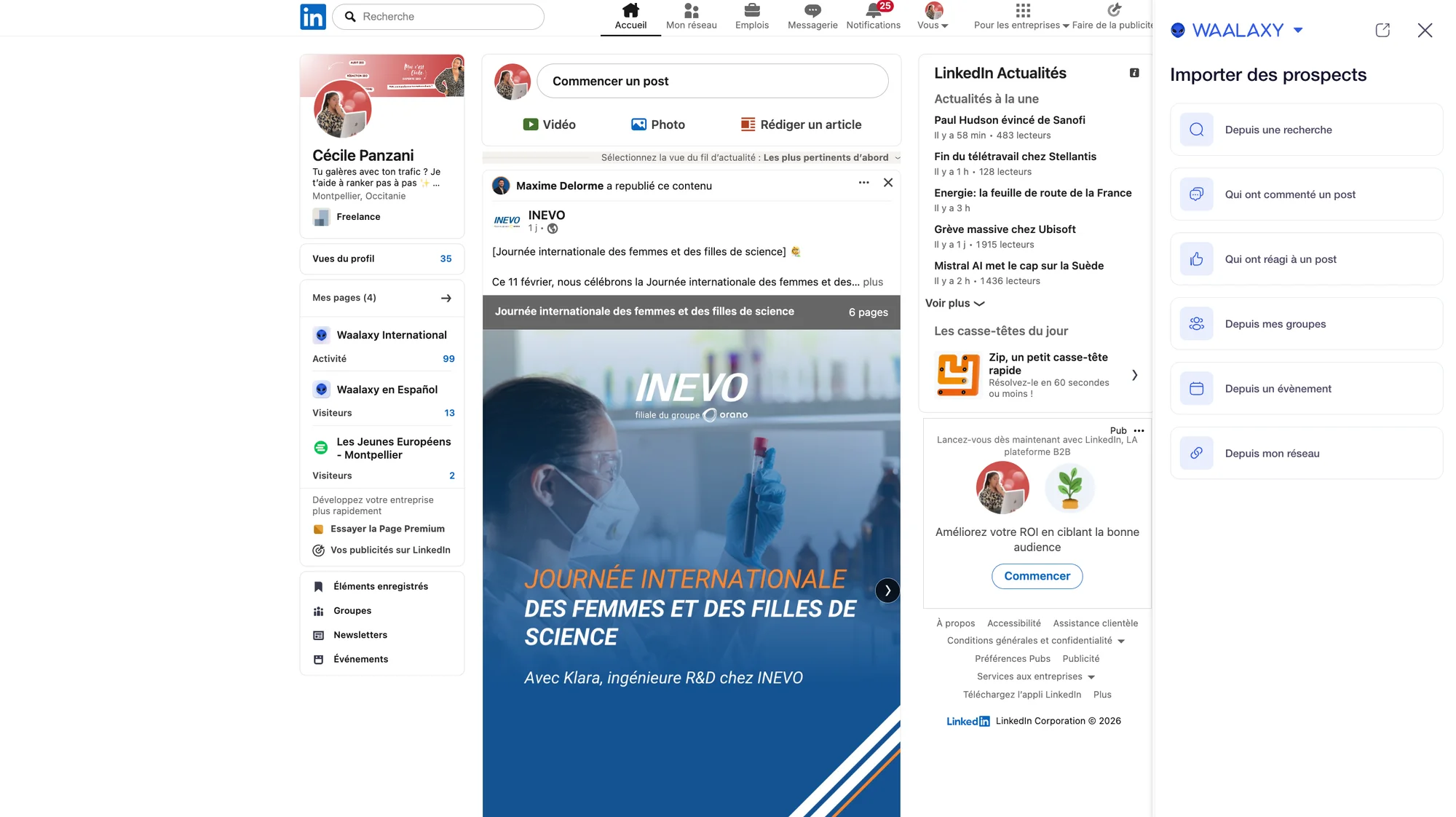 Waalaxy interface sur Linkedin