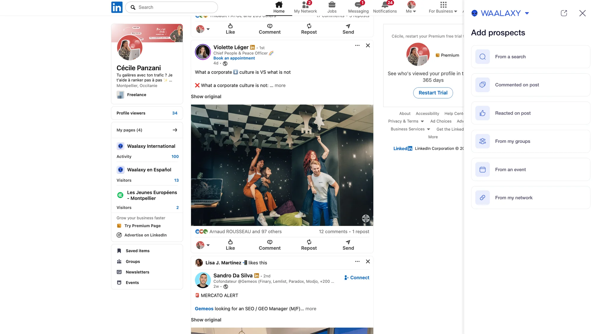 Waalaxy interface on LinkedIn