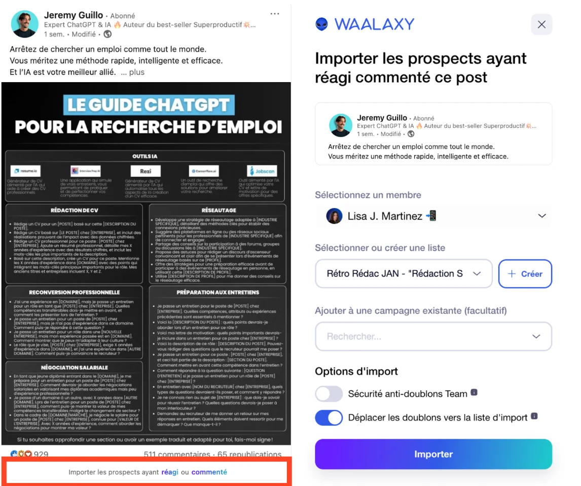 importer des prospects qui ont réagi à un post avec Waalaxy