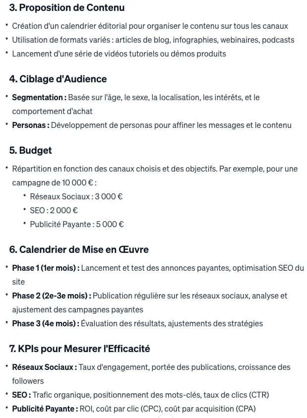 Plan marketing détaillé en liste numérotée, contenu, ciblage, budget, KPIs.