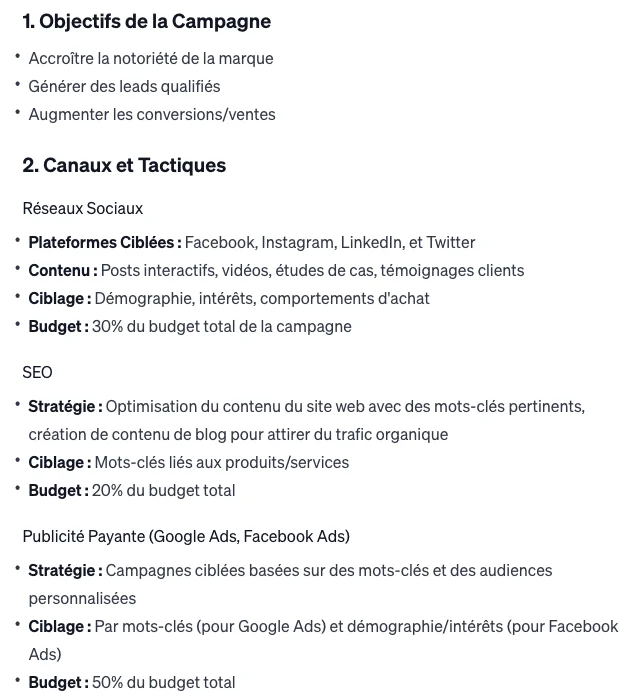 Plan de campagne marketing détaillé en français, résumant objectifs, canaux, tactiques et stratégies pour augmenter la notoriété et les ventes.