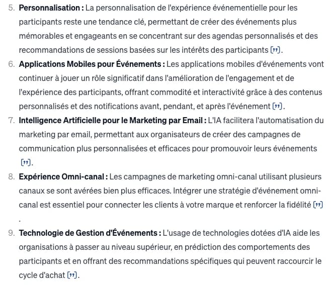 Page web présentant des points numérotés sur l'optimisation de l'expérience événementielle, incluant personnalisation et gestion d'événements.