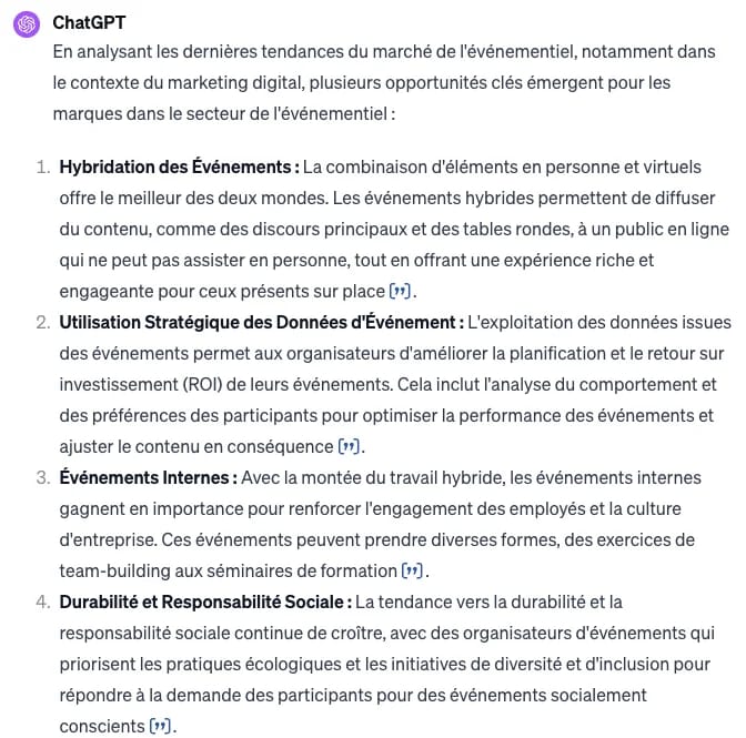 Image d'un document textuel sur l'événementiel, présentant des points numérotés sur les tendances du marché événementiel.