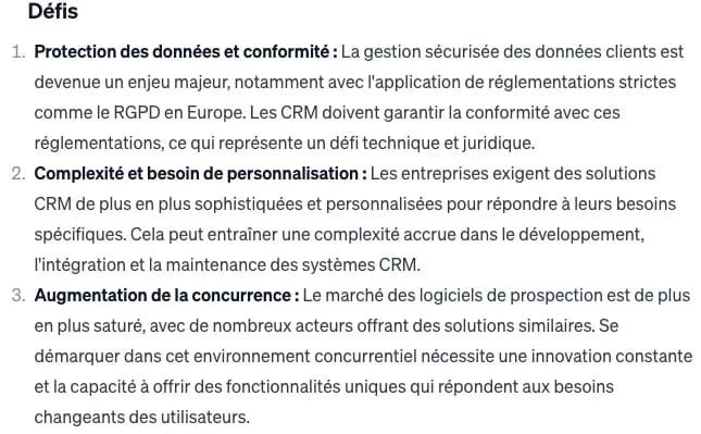 "Liste des défis en gestion des données et conformité (RGPD), personnalisation et concurrence."