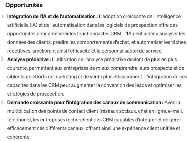 "Opportunités pour l'intégration de l'IA et de l'automatisation dans les logiciels de prospection."