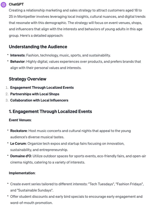 Stratégie marketing ChatGPT Montpellier 18-25 ans