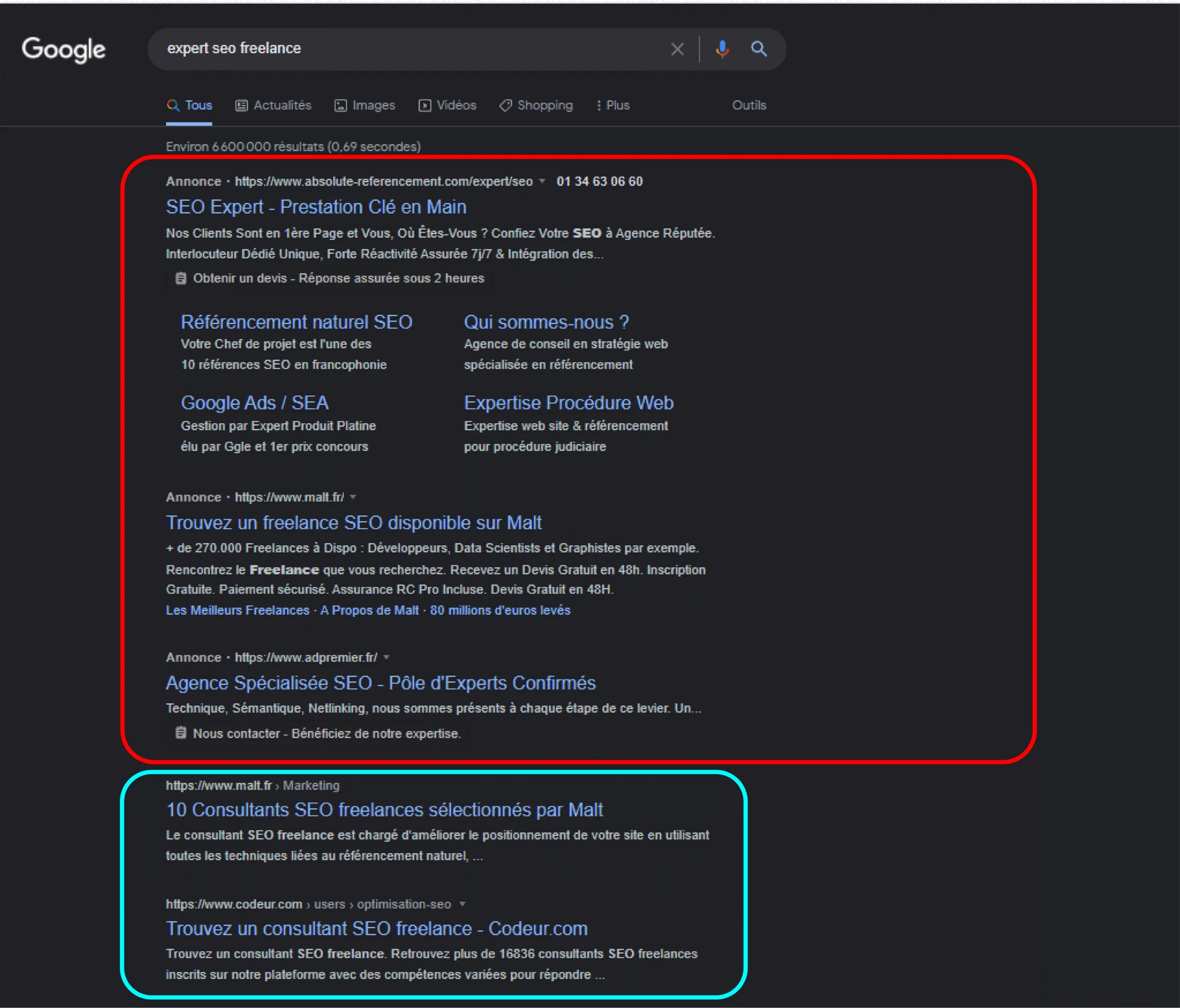 Résultats Google SEO freelance