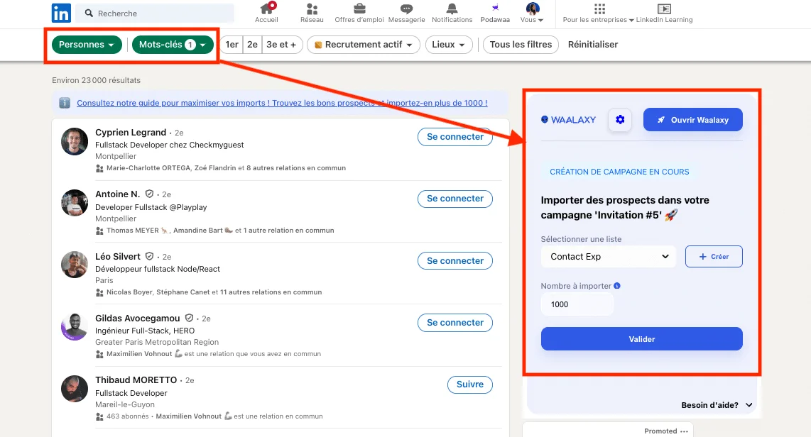 Interface LinkedIn recherche prospects Waalaxy