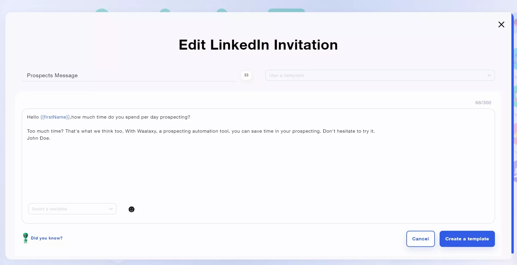 Éditer invitation LinkedIn Waalaxy prospection