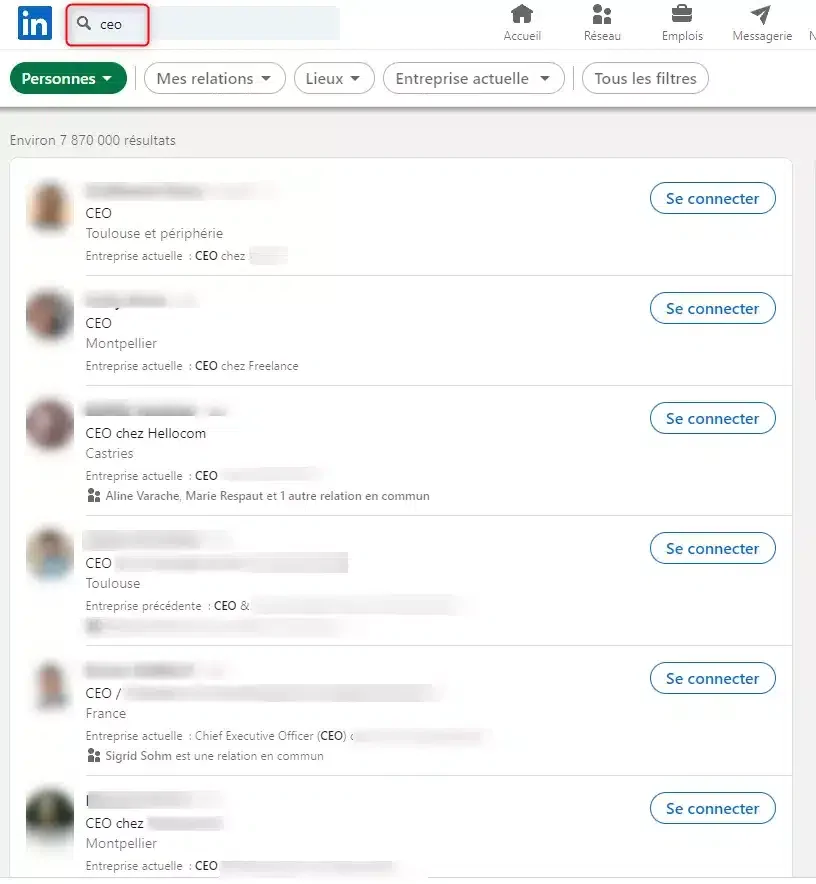 Résultats recherche CEO LinkedIn