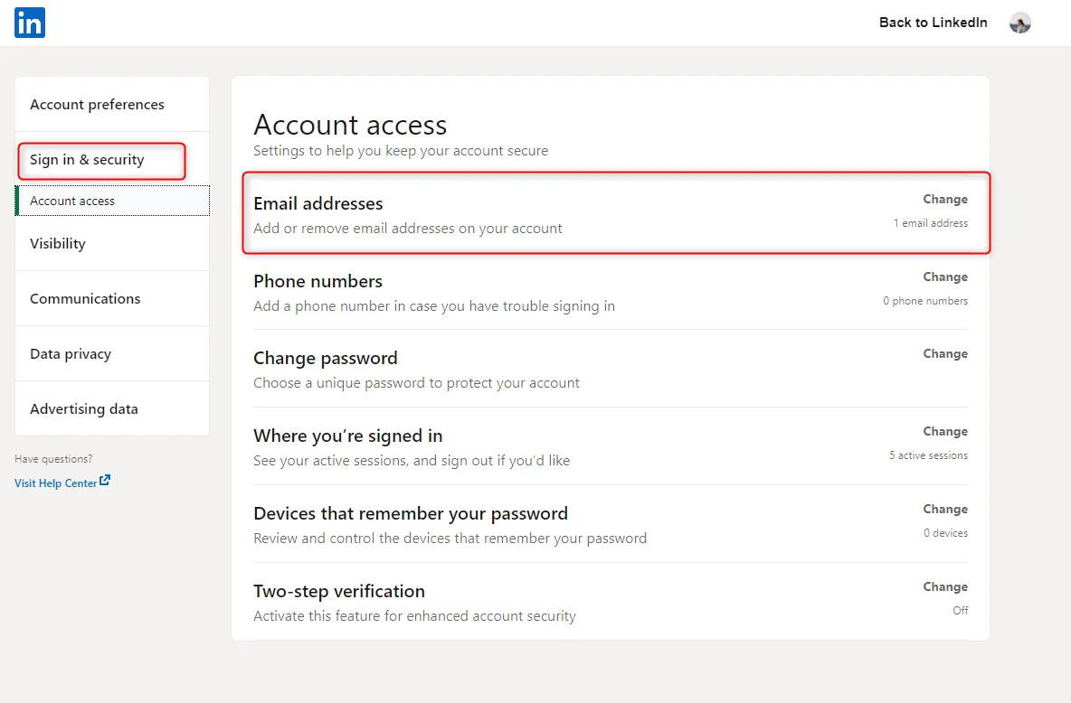Paramètres sécurité accès LinkedIn