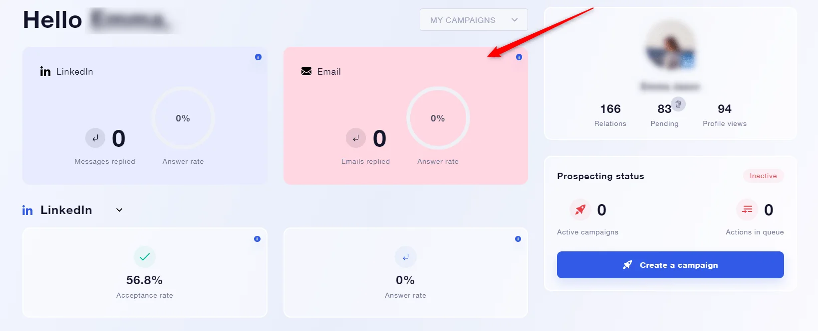 Tableau de bord campagnes email prospection Waalaxy