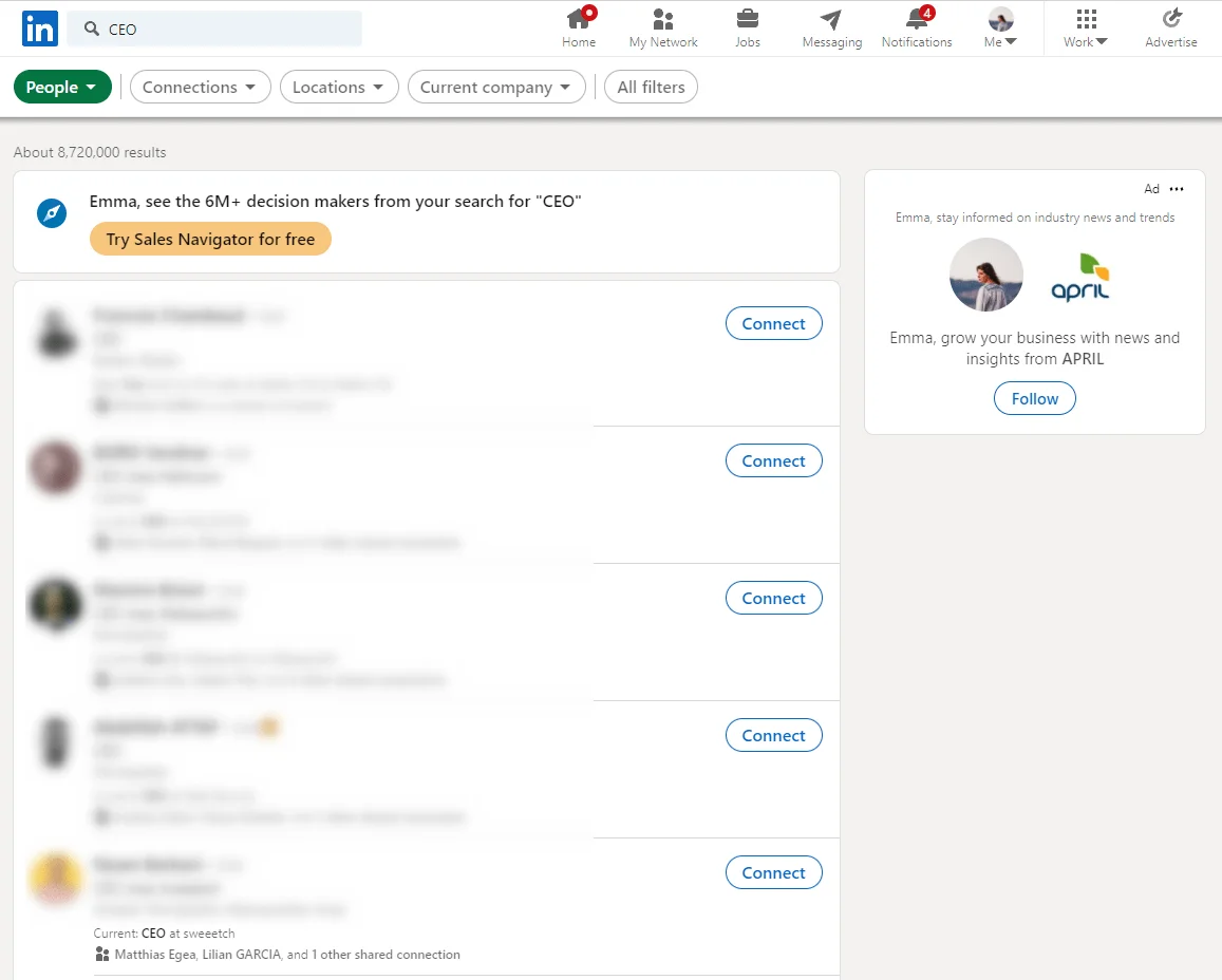 LinkedIn search results CEO profiles