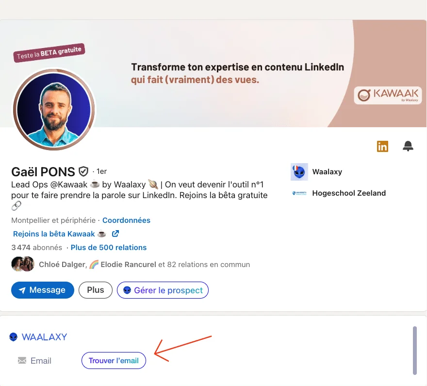 trouver email LinkedIn directement sur profil LinkedIn grâce à l'extension chrome waalaxy