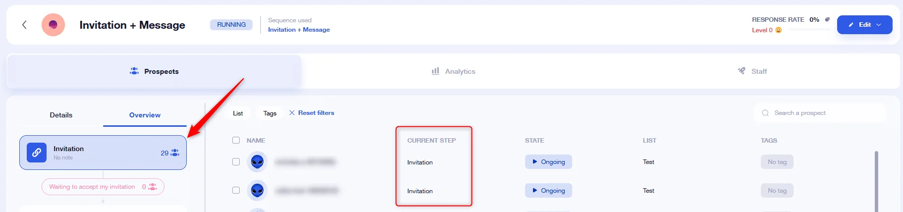 Invitation Waalaxy prospect current step
