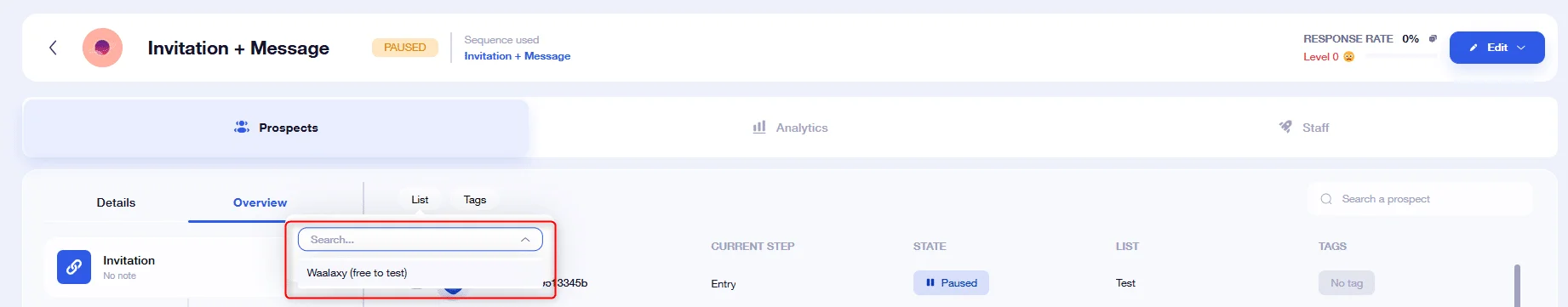 Waalaxy interface prospection LinkedIn pausée