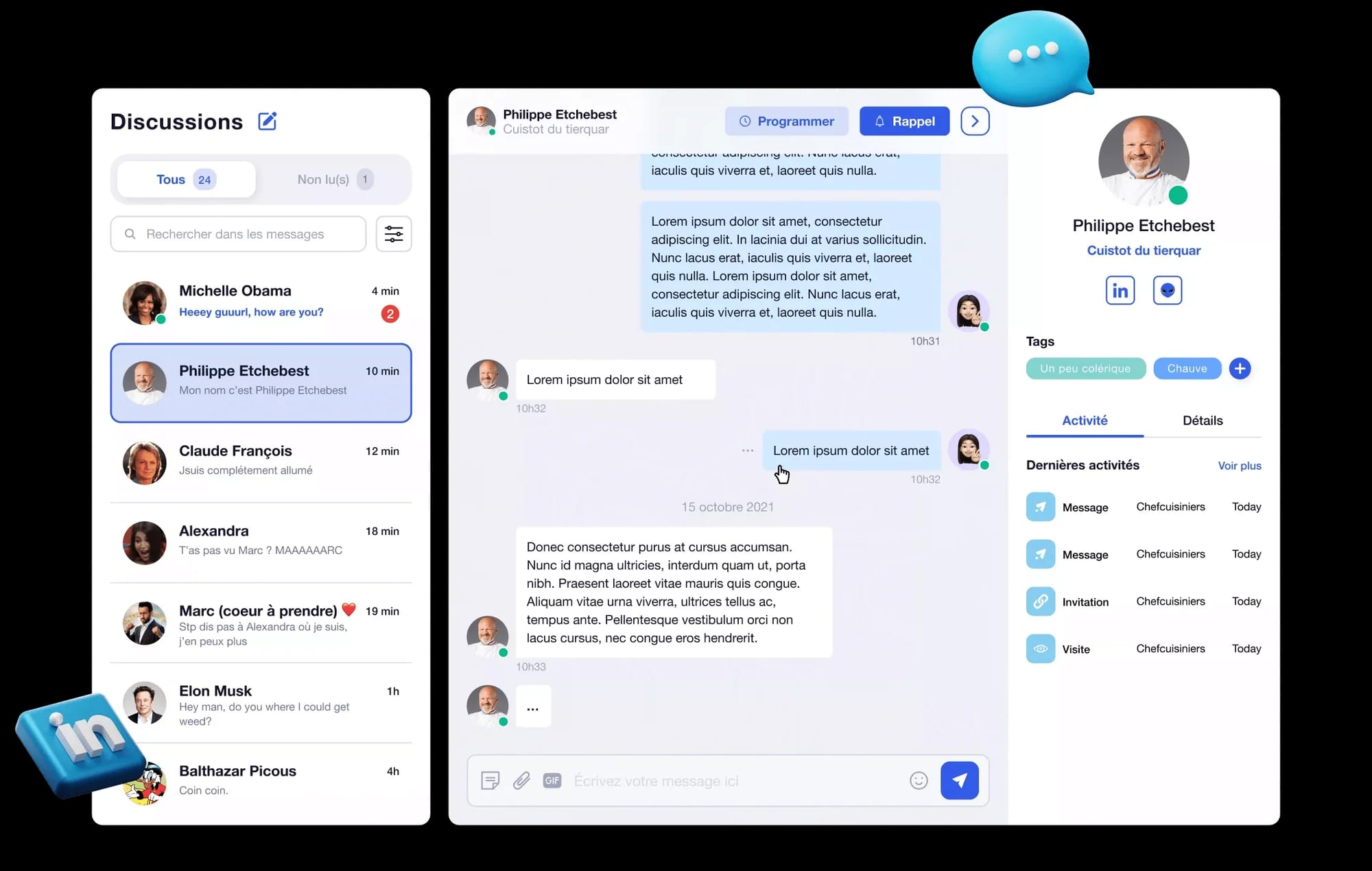 Interface de messagerie et de discussions en ligne, avec des conversations textuelles et des profils d'utilisateurs.
