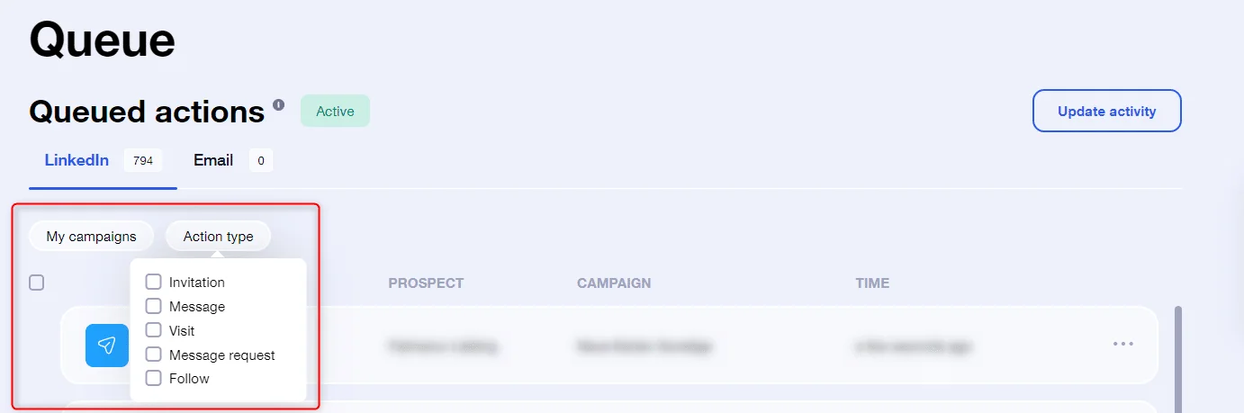 Interface de gestion des campagnes avec liste d'actions en attente.