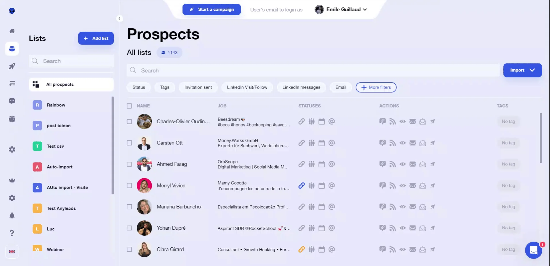 Interface prospection prospects Waalaxy