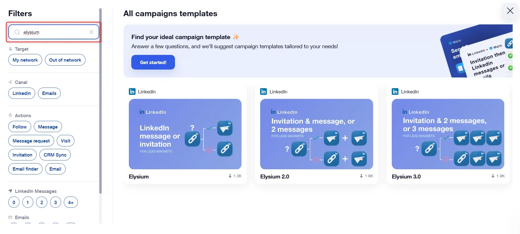 Page web présentant des modèles de campagnes Elyium pour LinkedIn, avec filtres et options de messages.