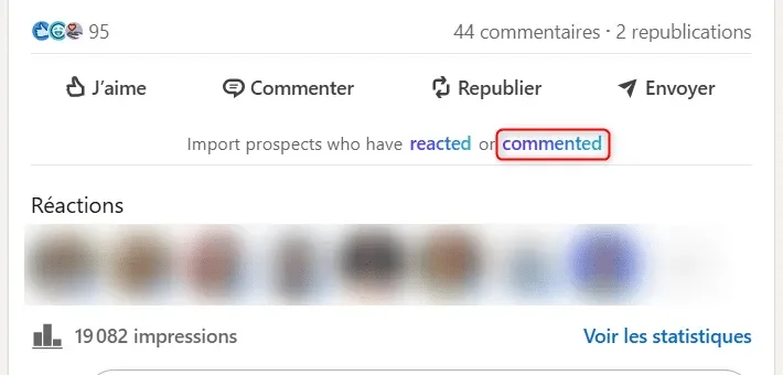 Page Facebook, 44 commentaires, bouton "Commenter", texte "commented" souligné en rouge.