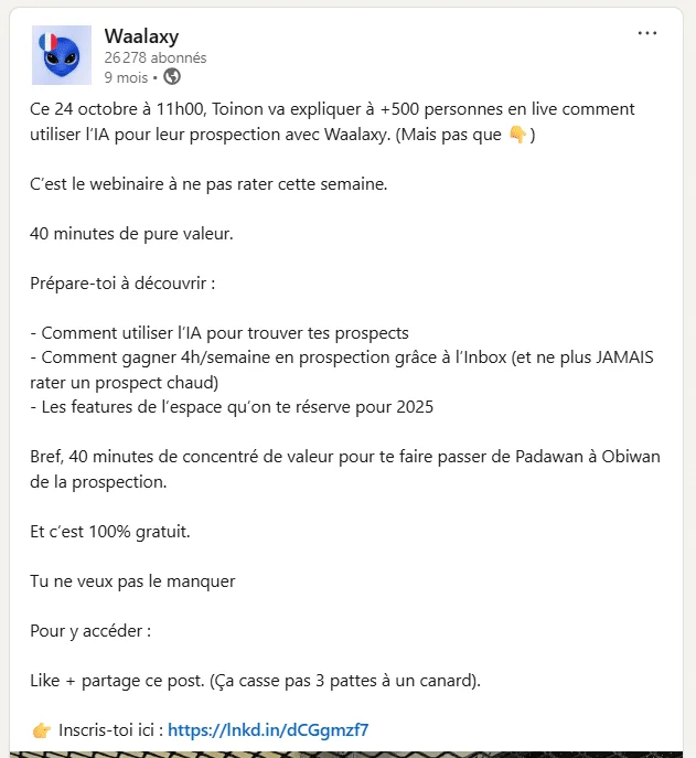 Message Facebook promotionnel sur l'IA pour prospection en ligne.