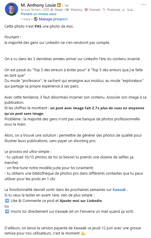 Message LinkedIn sur l'importance du contenu incarné en marketing, mentionnant des erreurs à éviter et recommandant d'utiliser des photos professionnelles pour illustrer les publications.