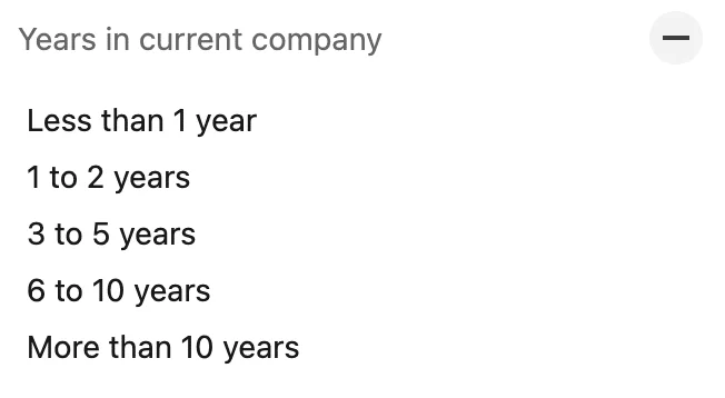 Years in current company tenure categories