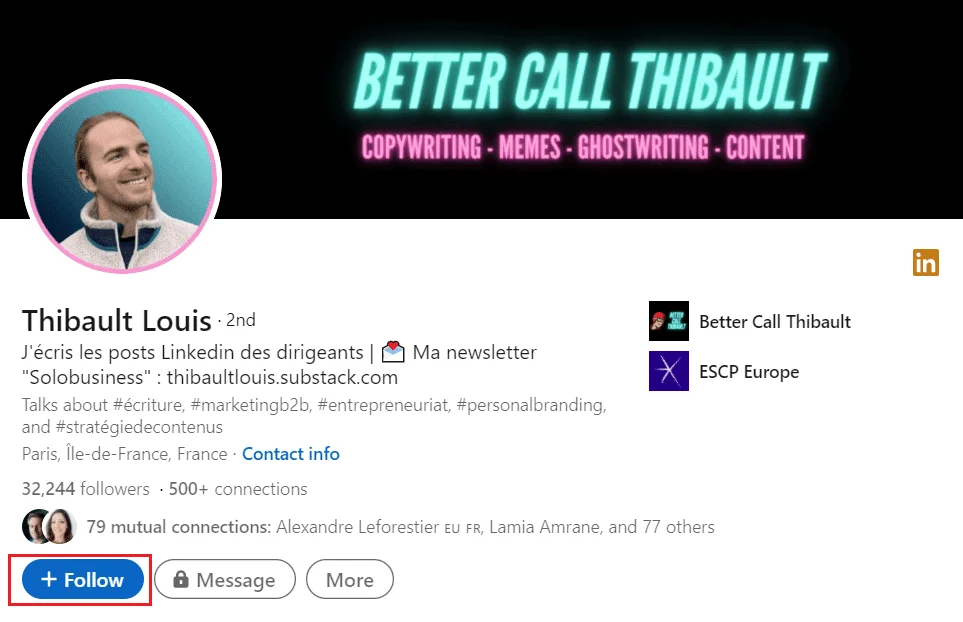 Profil LinkedIn Thibault Louis copywriter