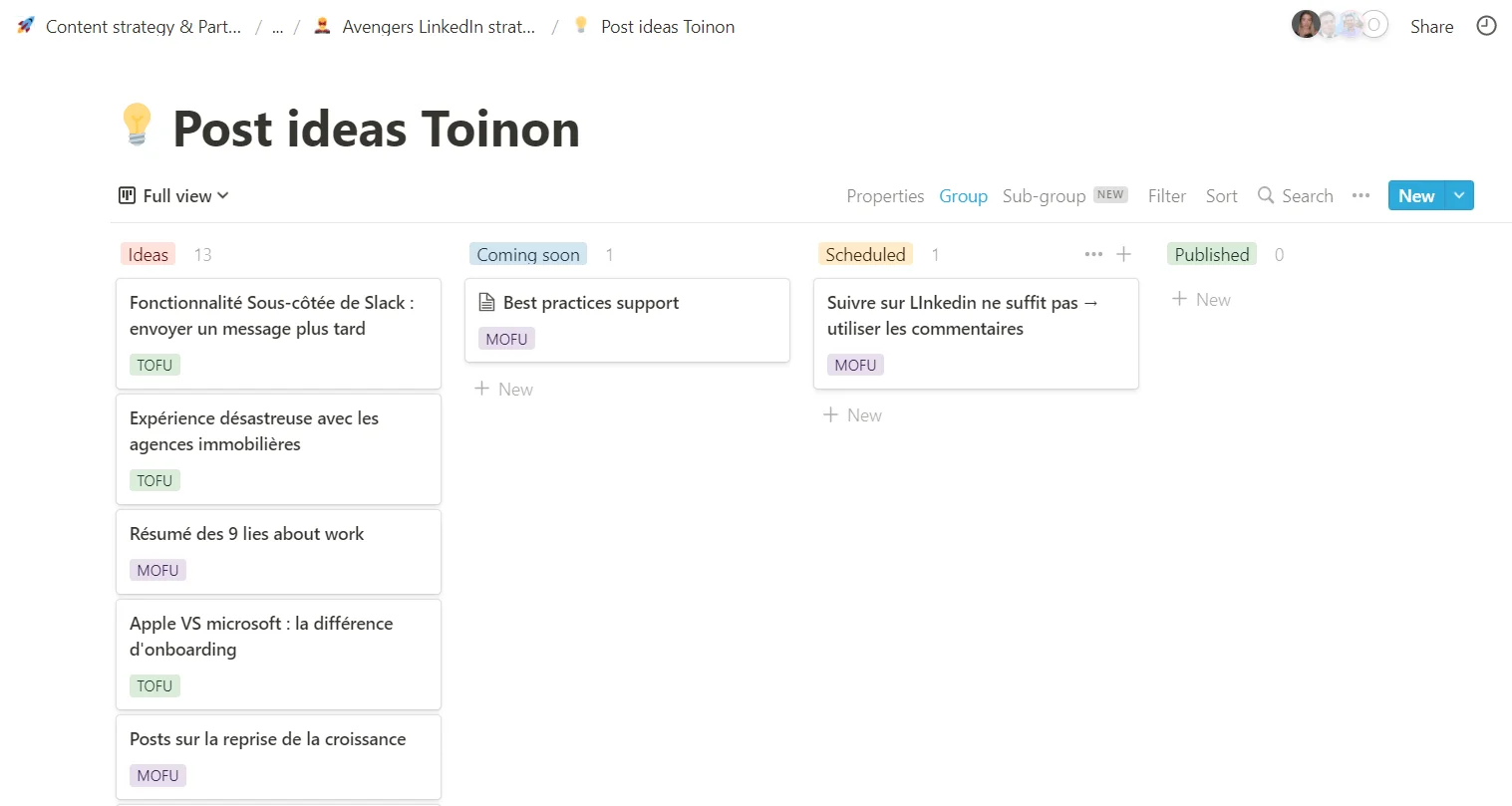 Tableau gestion idées posts Waalaxy