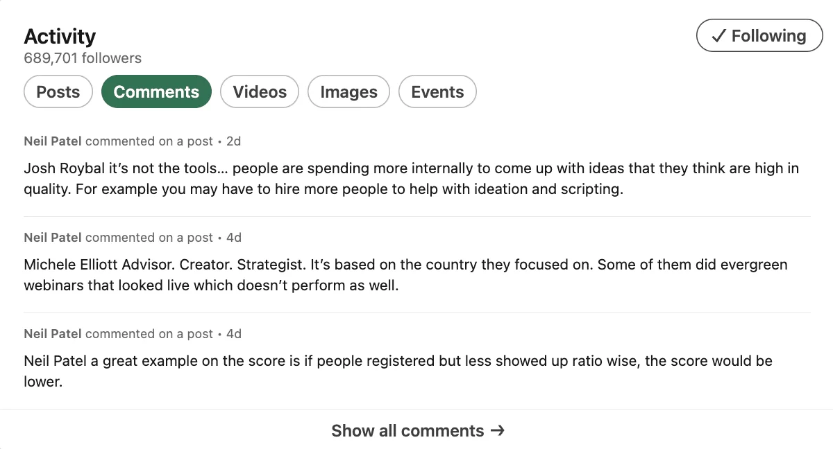 Strategia dei contenuti e commenti su LinkedIn.