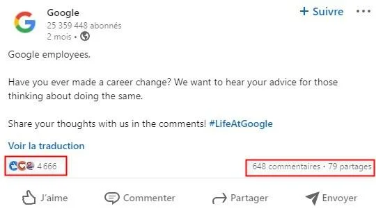 Publication Linkedin page entreprise google