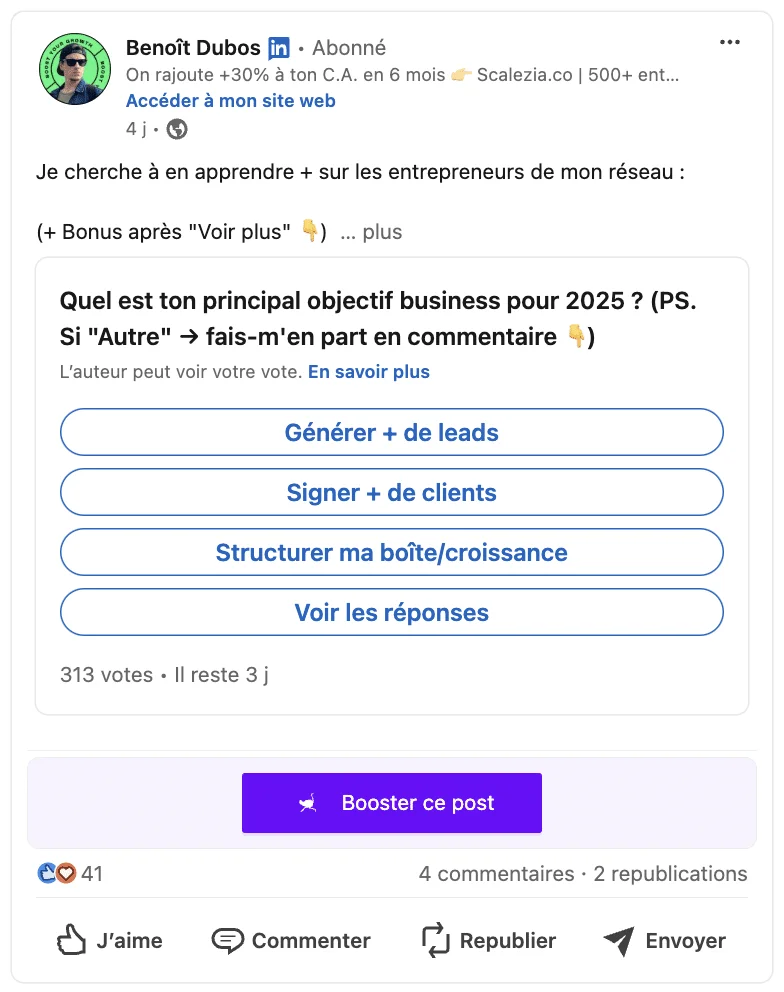 Stratégie de contenu LinkedIn : exemple de post LinkedIn avec sondage.