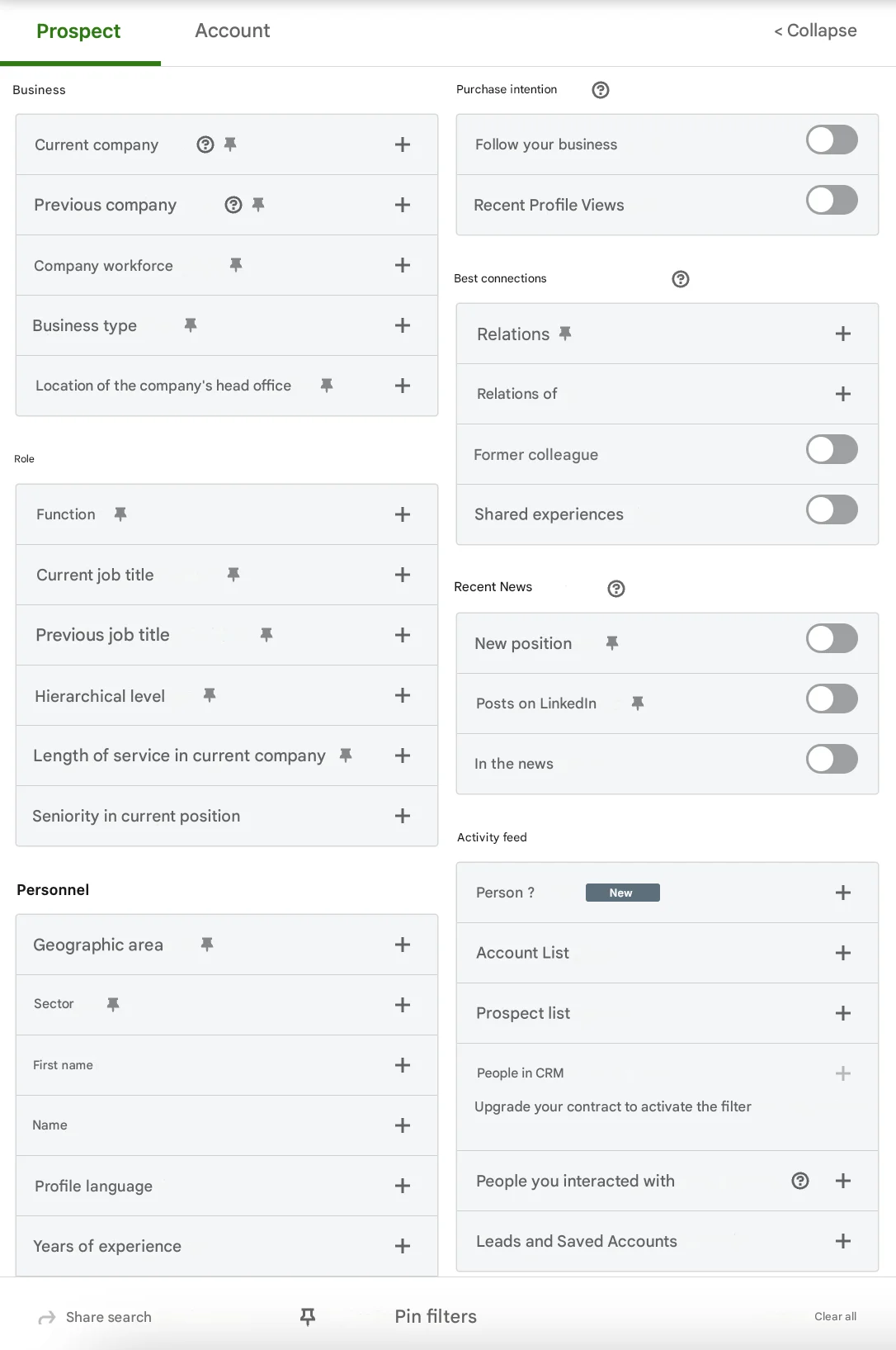 Search filters in LinkedIn Sales navigator.