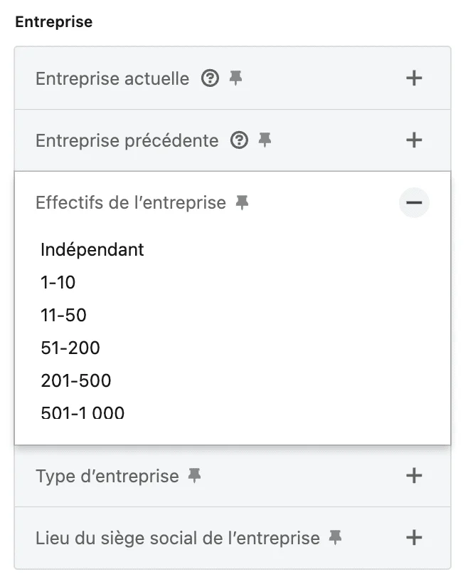 LinkedIn Sales Navigator filtres : Taille de l'entreprise.