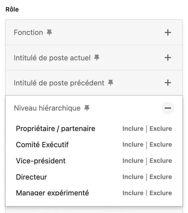 LinkedIn Sales Navigator filtres : Niveau hiérarchique.