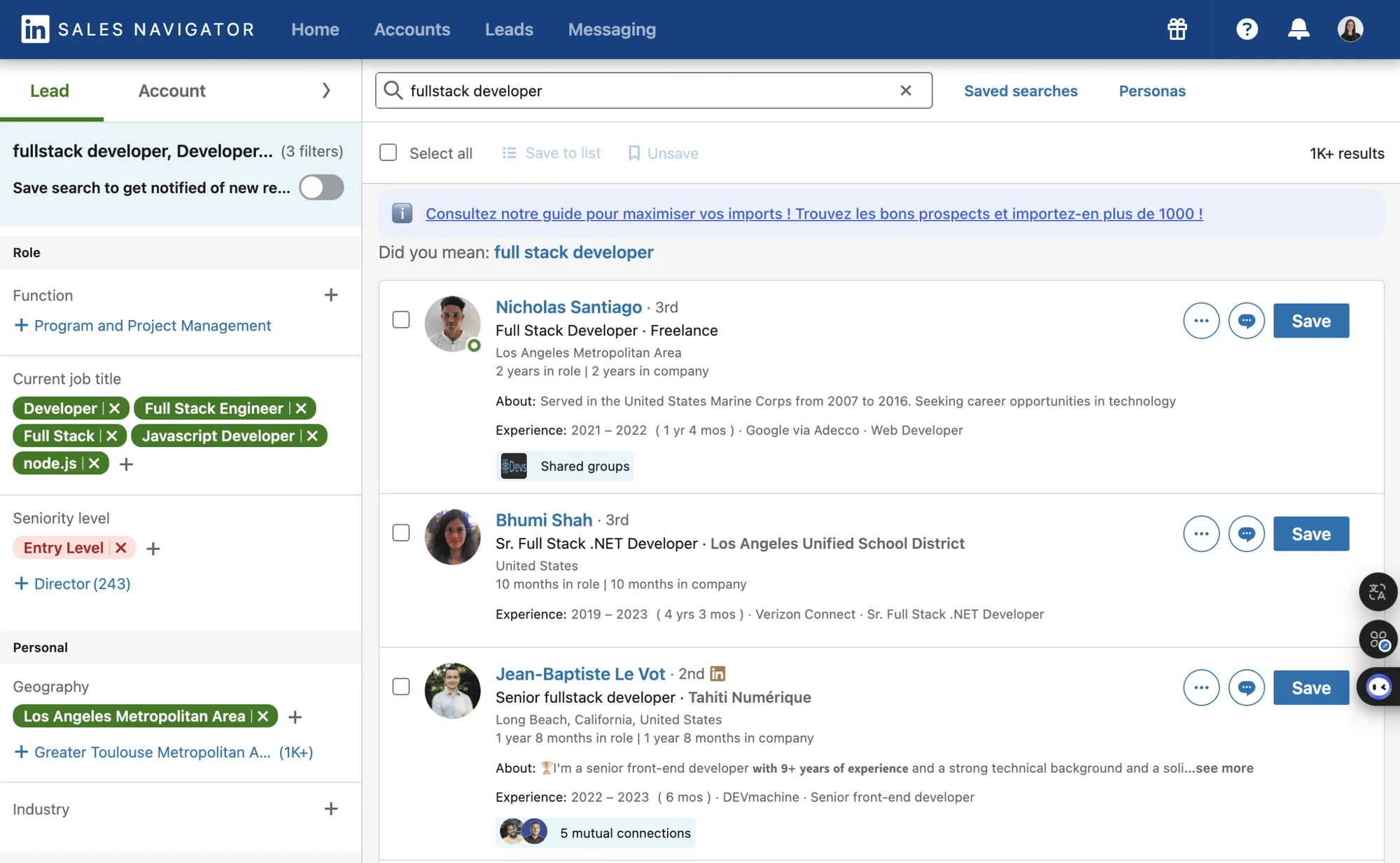LinkedIn Sales Navigator recherche fullstack developer