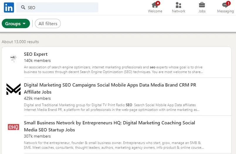 Examples of group lists after LinkedIn search.