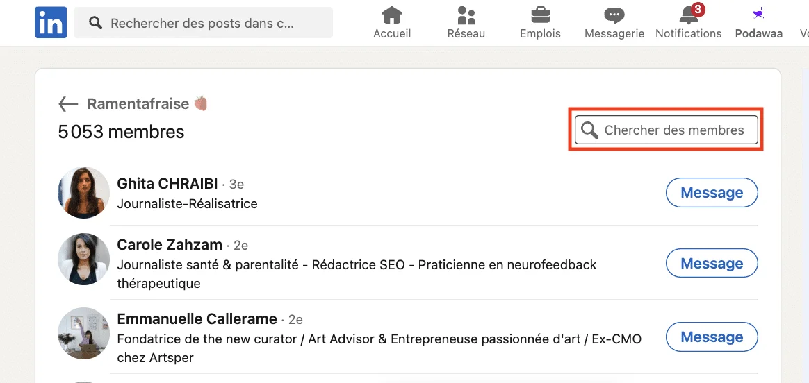 Chercher un membre dans un groupe LinkedIn