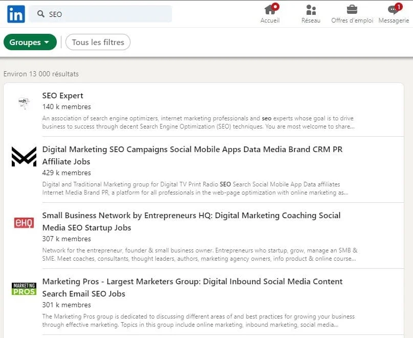 Exemples de liste de groupes après recherche LinkedIn.