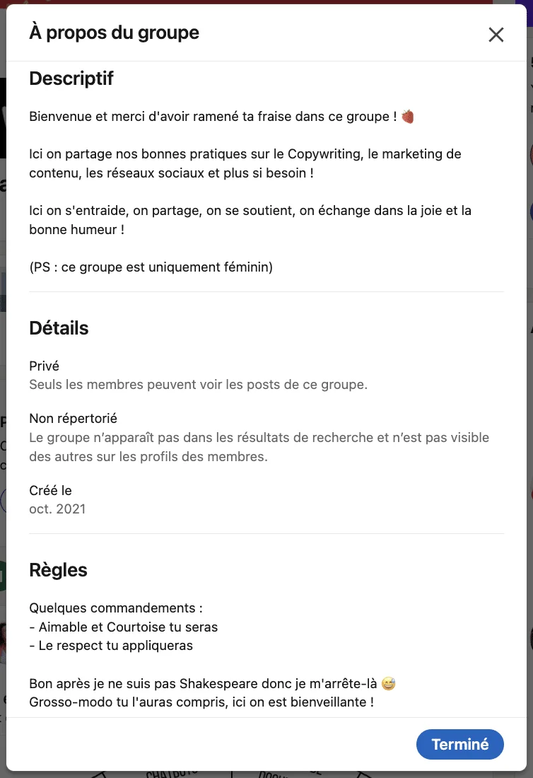 Consulter la description et les règles du groupe LinkedIn.