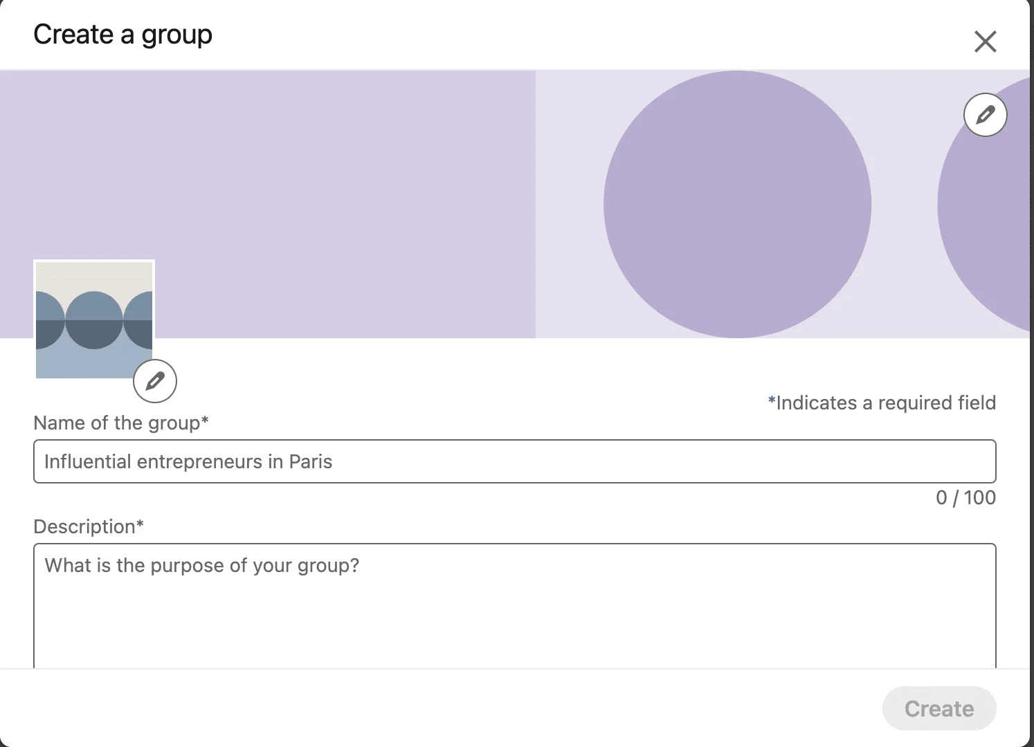 Create group dialog Waalaxy