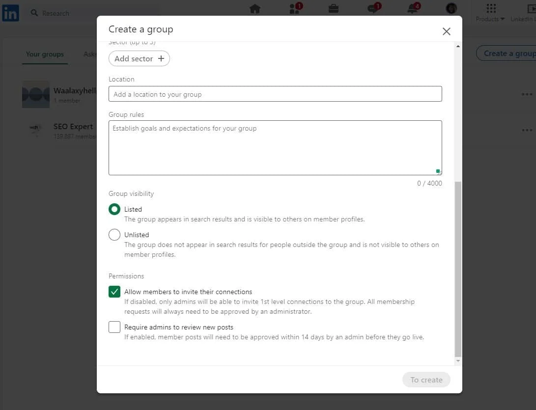 Create LinkedIn group settings dialog