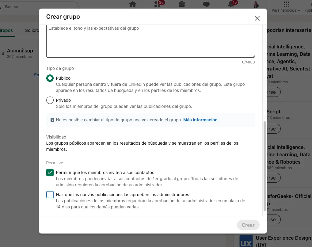 setting para crear un grupo sobre linkedin