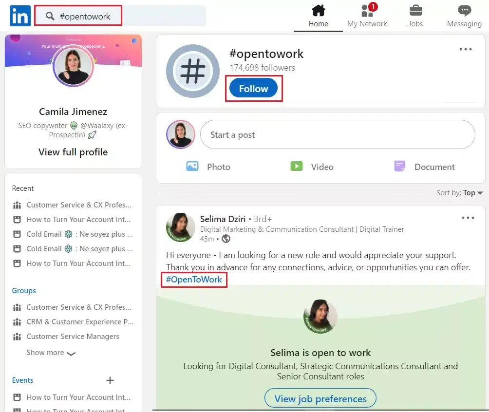 Recherche OpenToWork sur LinkedIn avec hashtag