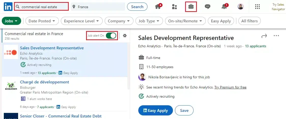 linkedin job alert