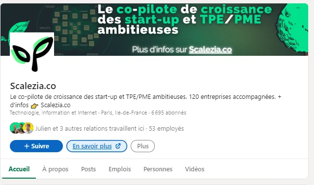 Page Facebook de Scalezia.co, plateforme d'accompagnement pour start-up et PME. Contexte : technologie, information, Internet. 120 entreprises accompagnées. 53 employés à Paris. 6 695 abonnés.