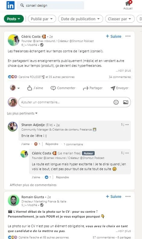 Discussion LinkedIn sur conseil design, commentaires sur l'importance des photos dans les CV.