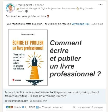 Image Facebook : Livre "Ecrire et publier un livre professionnel" par Véronique Plouvier. Contexte : Conseil marketing.